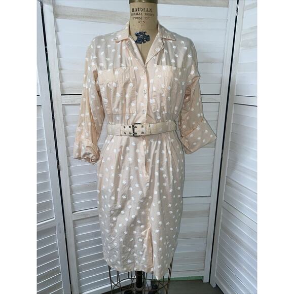 VTG 70s 80s Taurus II Women’s Pink Cotton Dress Belted Pockets Union Label Med - Picture 1 of 11